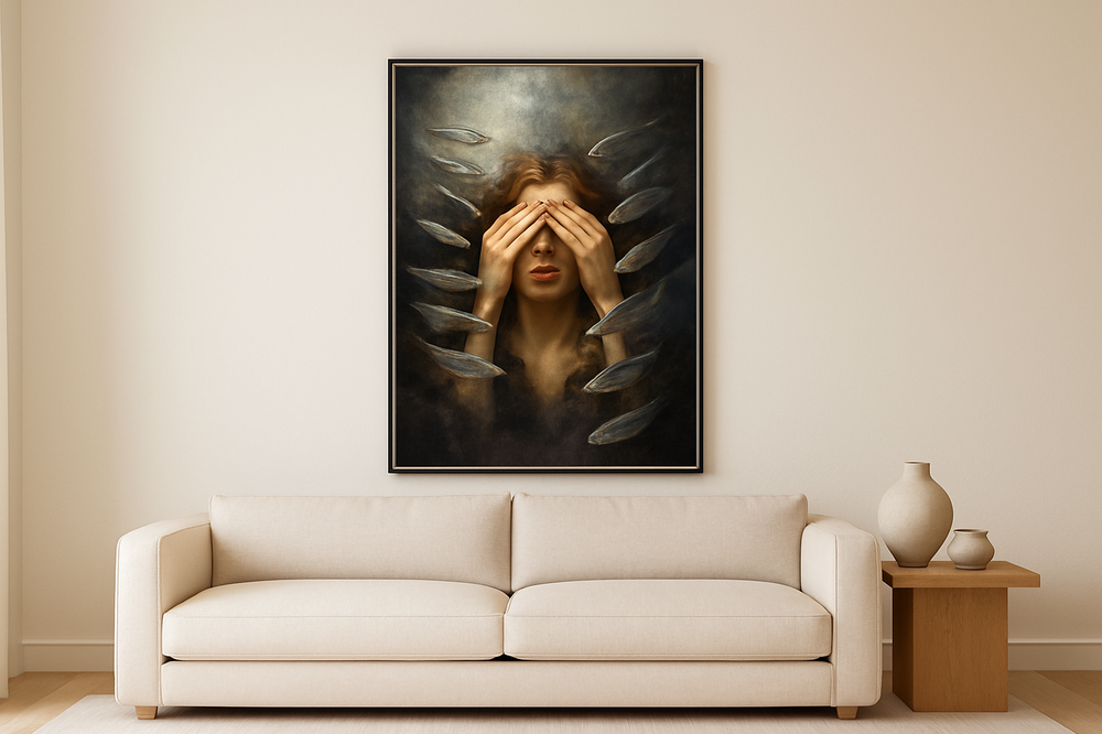 Serene woonkamer met de wanddecoratie Onder Stille Stromen als blikvanger boven een linnen bank