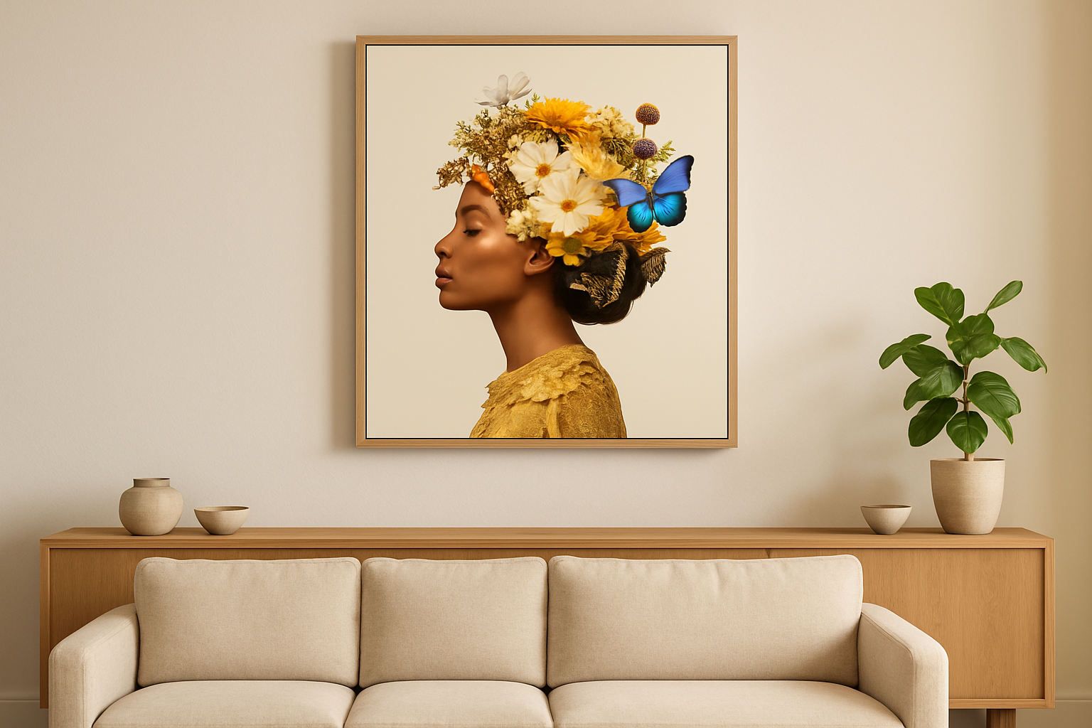 Correct opgehangen wanddecoratie Vlinderdroom met Zomerkroon boven een linnen bank op ooghoogte