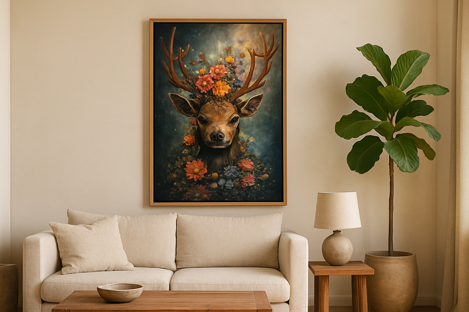 Japandi-woonkamer met natuurlijke materialen en de wanddecoratie Hert met Bloemenkroon als rustige blikvanger