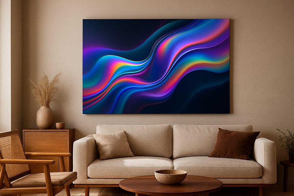 Futuristisch AI-kunstwerk op canvas in een modern interieur