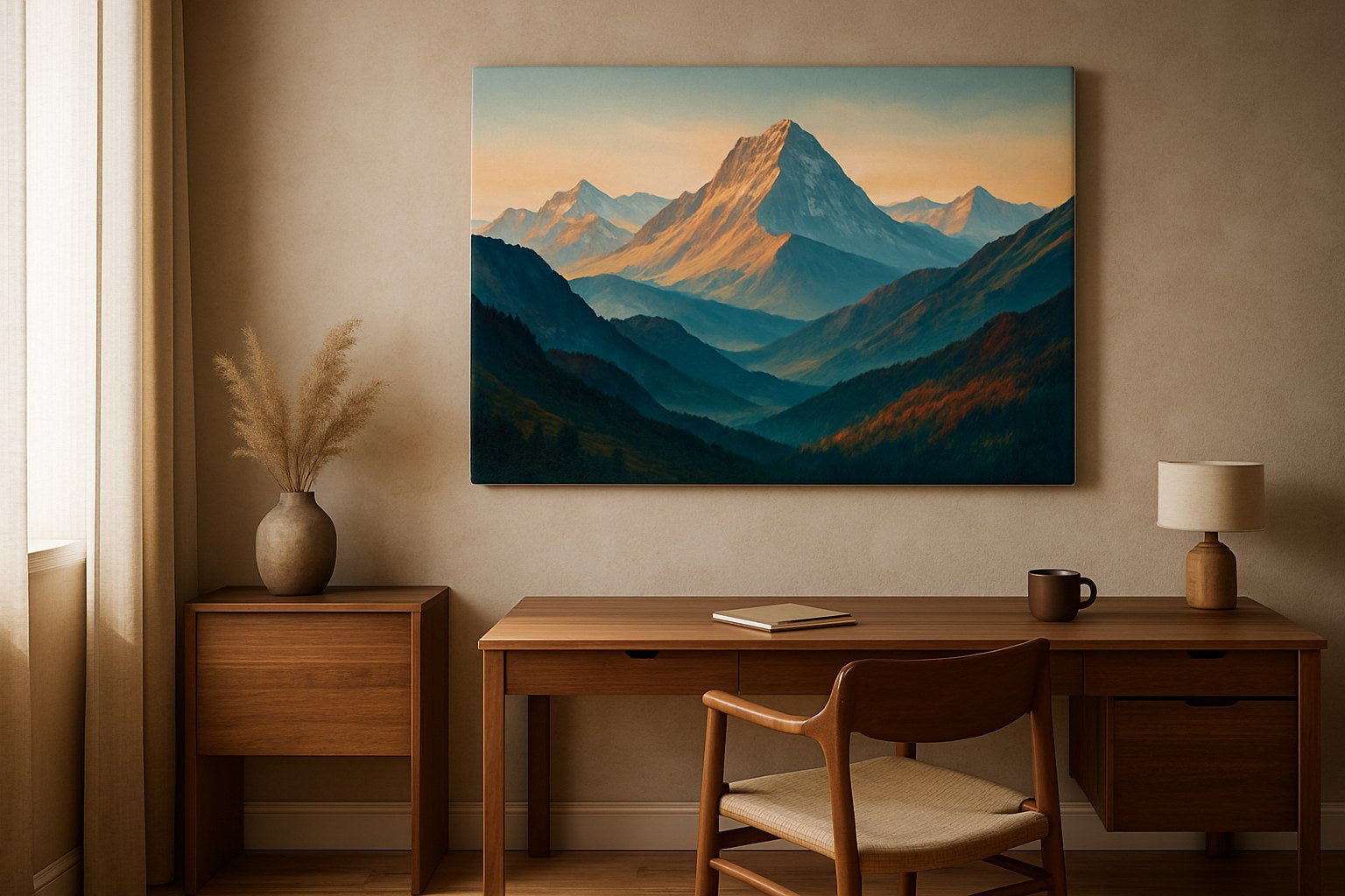 Akoestisch wandpaneel met berglandschap-print in een thuiswerkkamer