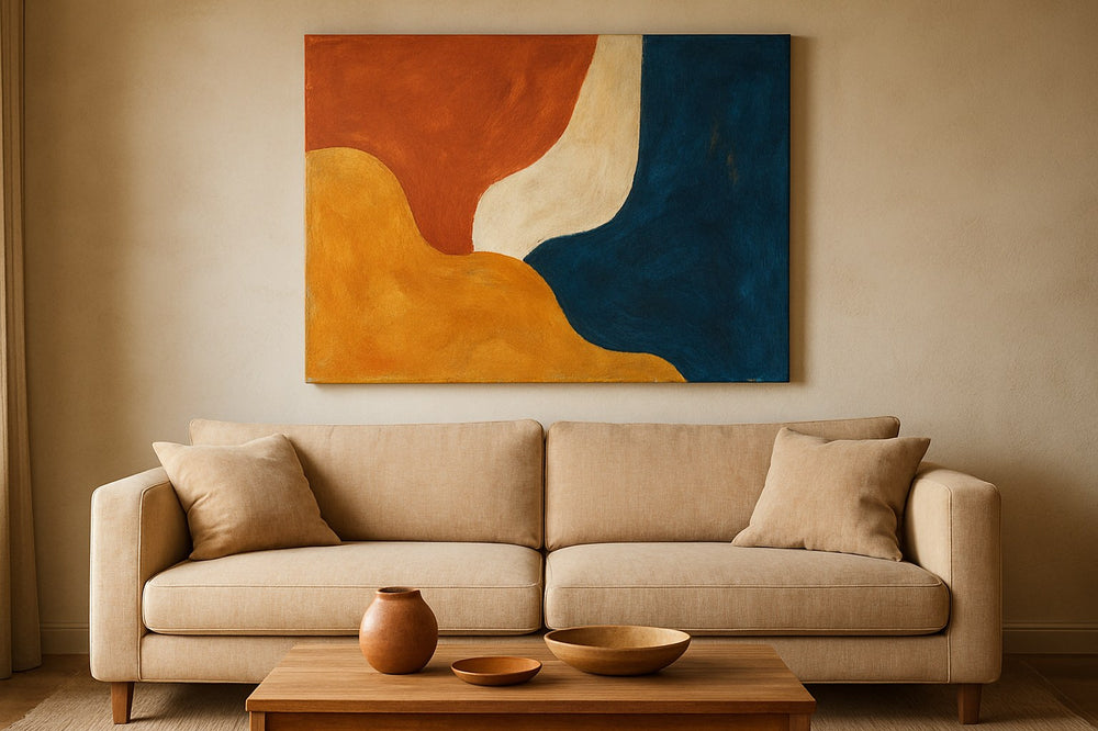 Kleurrijk abstract canvas schilderij boven een beige bank