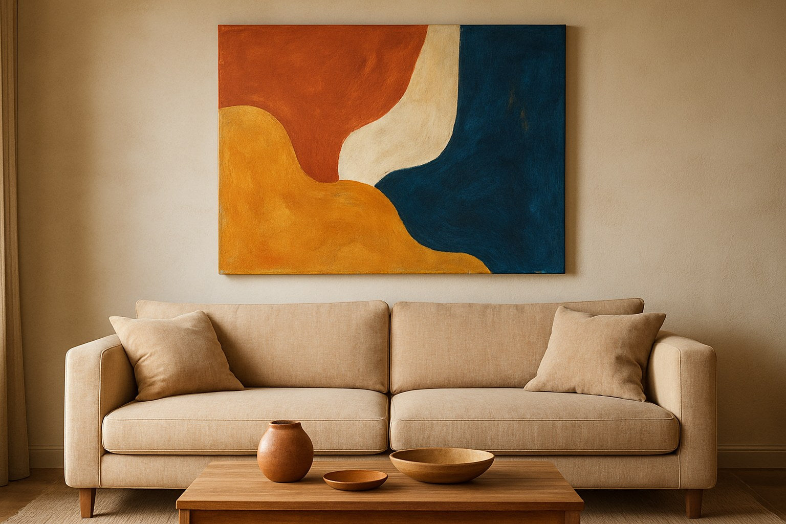Kleurrijk abstract canvas schilderij boven een beige bank