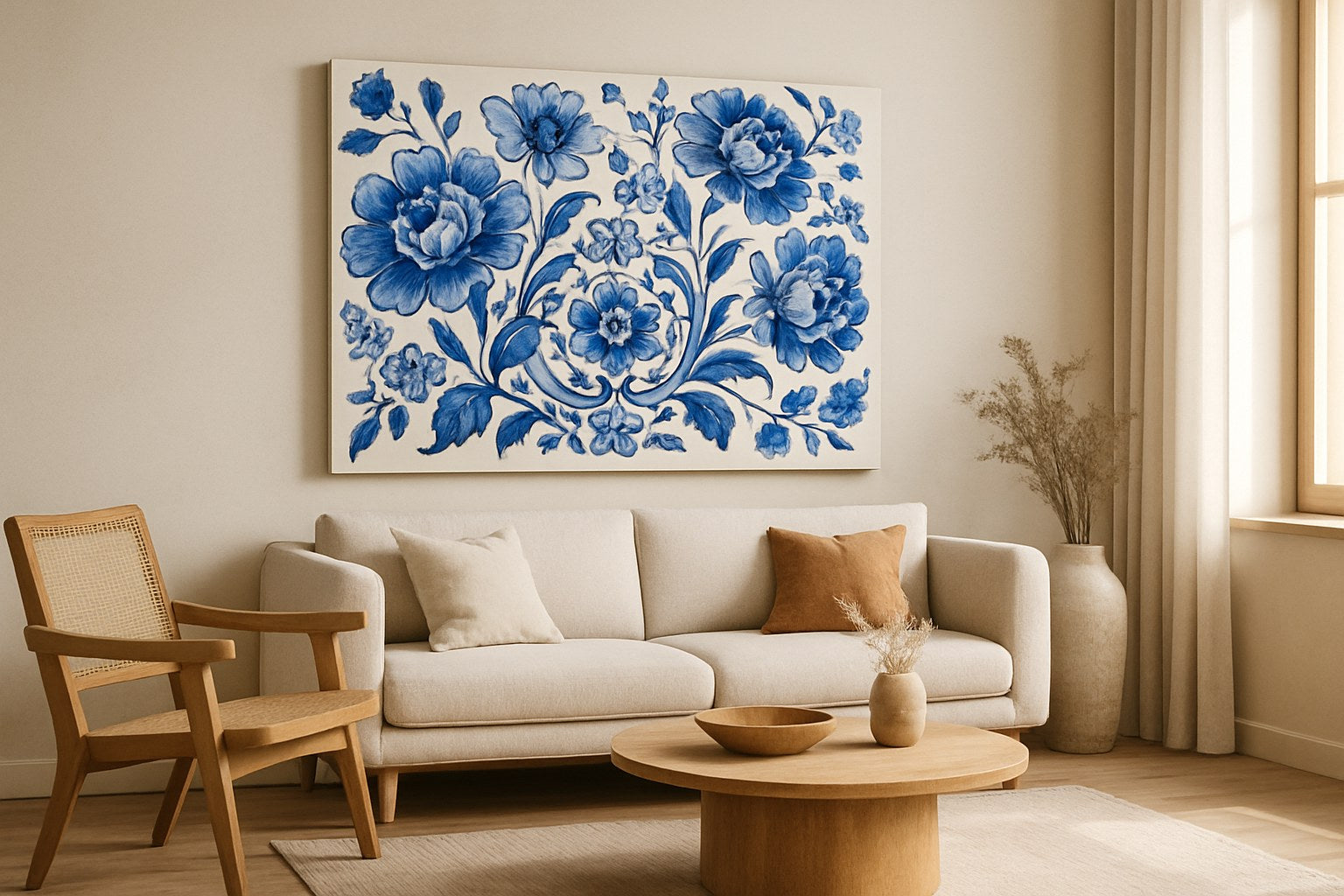 Delfts blauw geïnspireerd kunstwerk in kobaltblauw en wit in een modern interieur