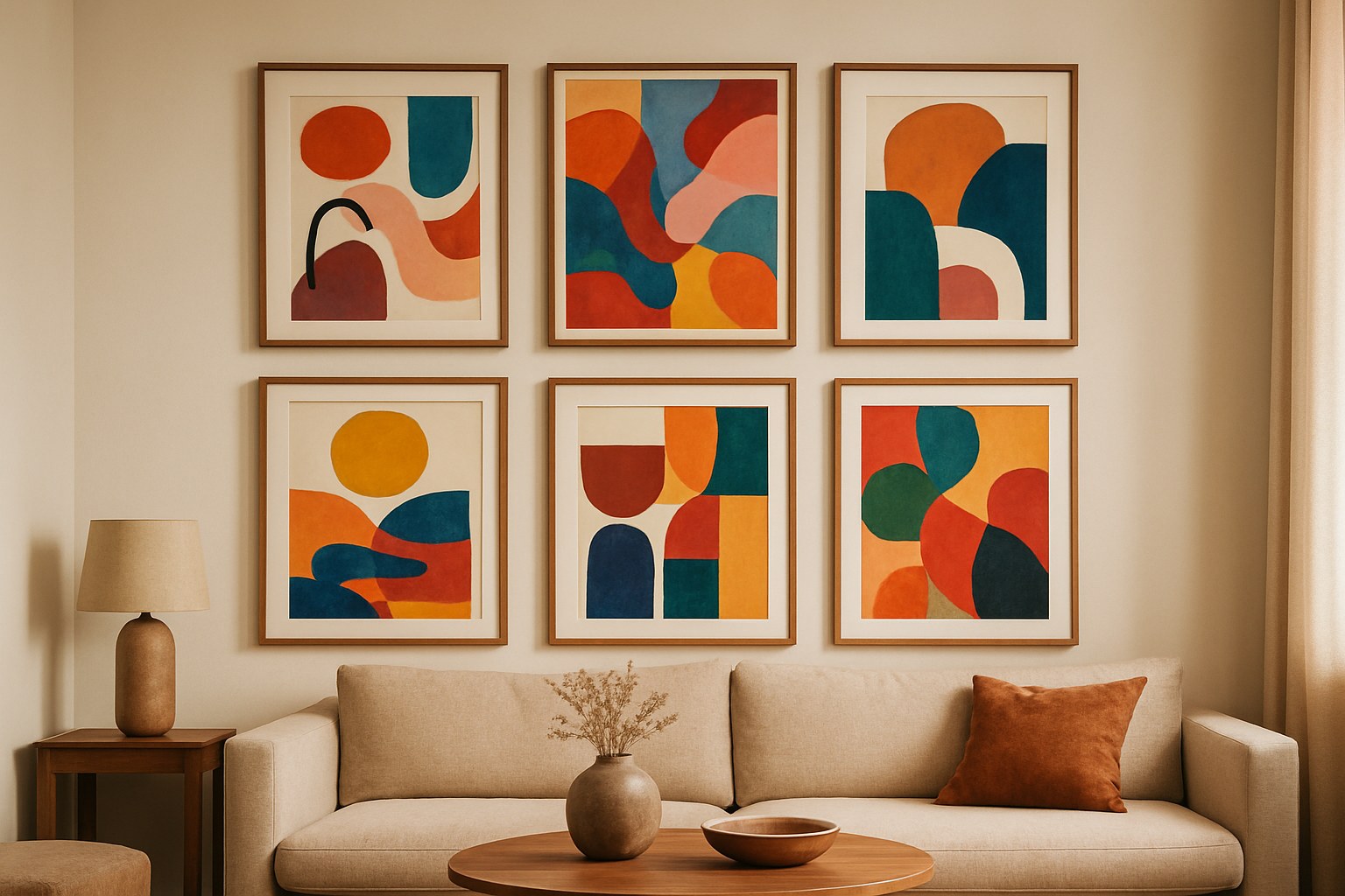 Gallery wall met zes ingelijste kleurrijke kunstwerken in een grid
