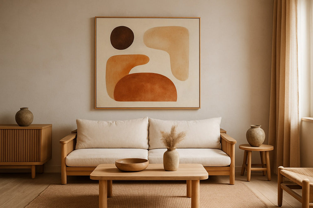 Japandi woonkamer met abstract kunstwerk in aardetinten aan de wand