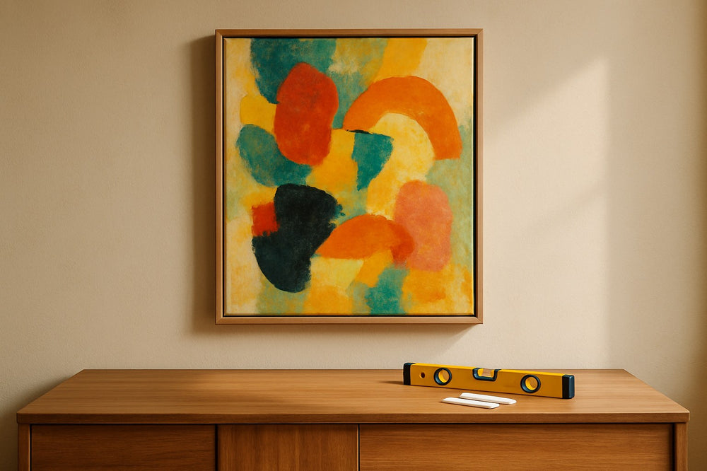 Ingelijst canvas met kleurrijk kunstwerk opgehangen zonder boren, met waterpas en ophangstrips