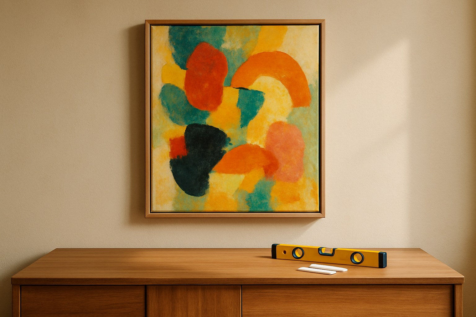 Ingelijst canvas met kleurrijk kunstwerk opgehangen zonder boren, met waterpas en ophangstrips