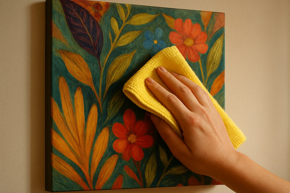 Canvas schilderij met botanisch kunstwerk wordt schoongemaakt met microvezeldoek