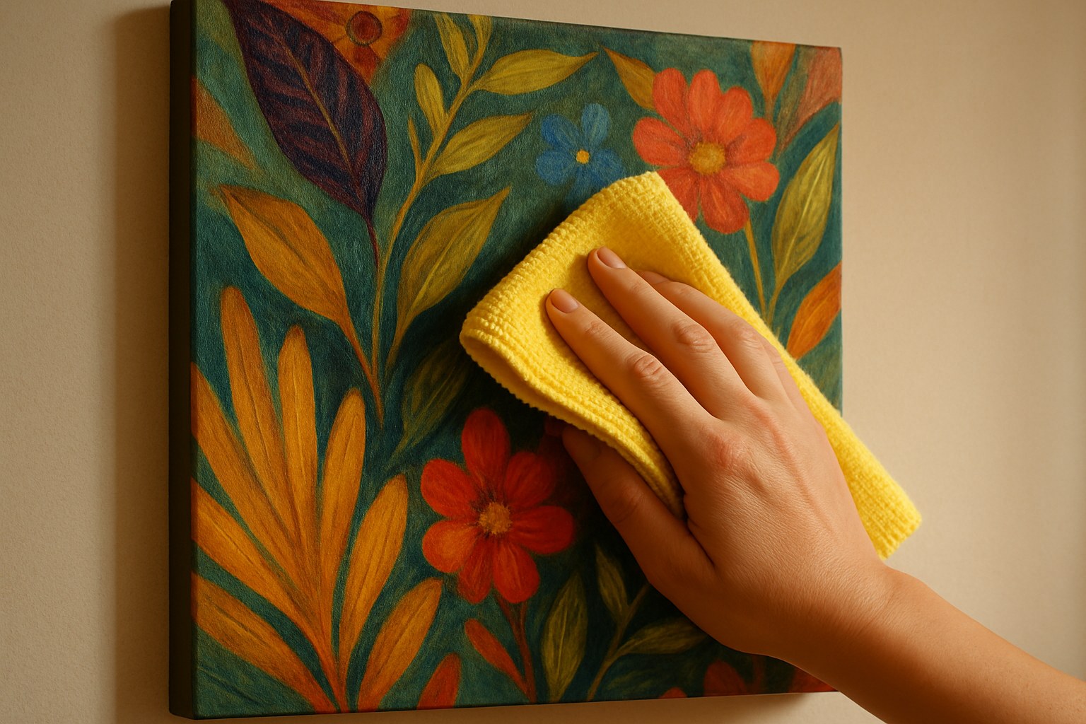 Canvas schilderij met botanisch kunstwerk wordt schoongemaakt met microvezeldoek