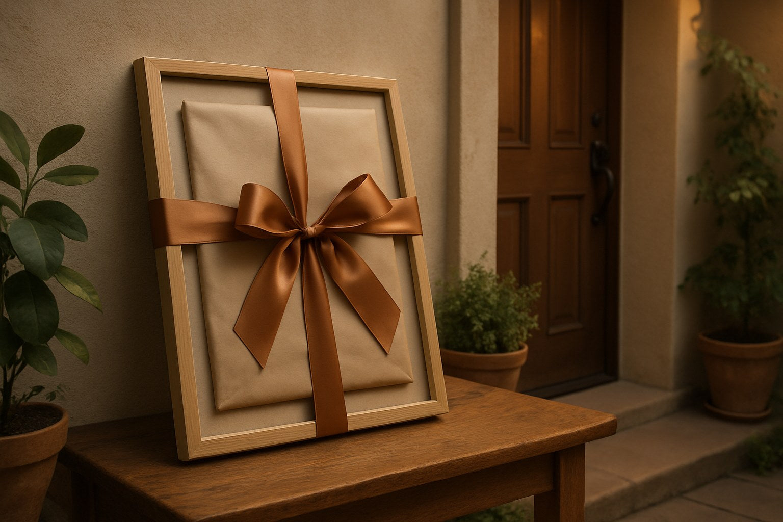 Ingelijst kunstwerk feestelijk ingepakt als housewarming cadeau