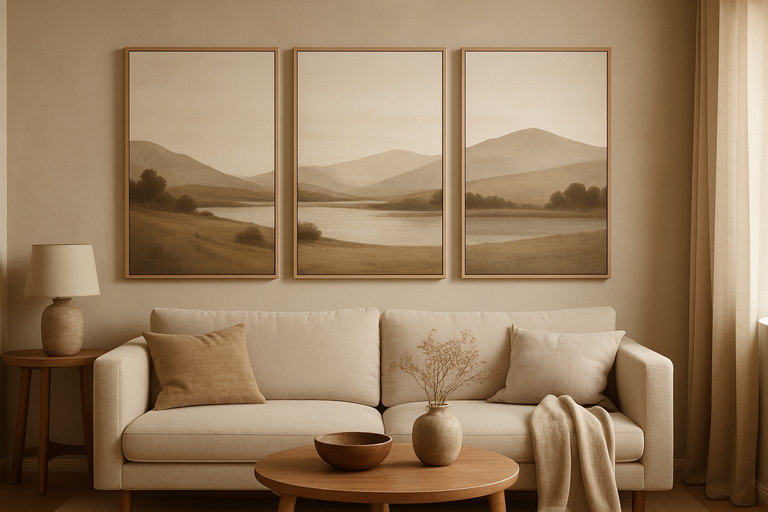 Drieluik canvas met doorlopend landschap boven een beige bank