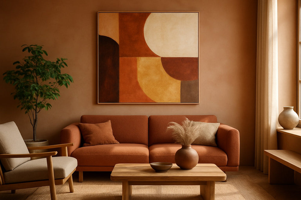 Woonkamer in terracotta aardetinten met groot statement kunstwerk