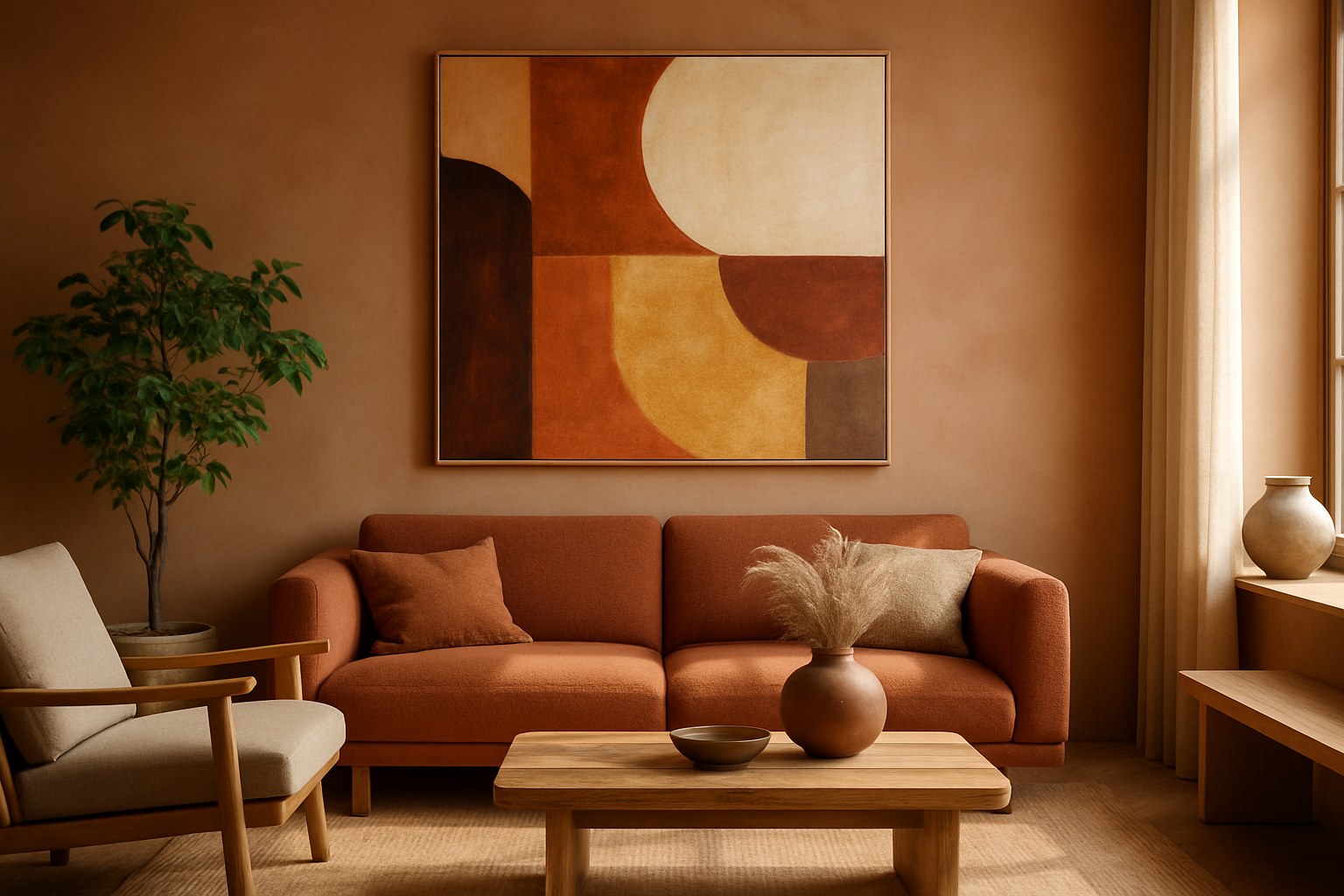 Woonkamer in terracotta aardetinten met groot statement kunstwerk
