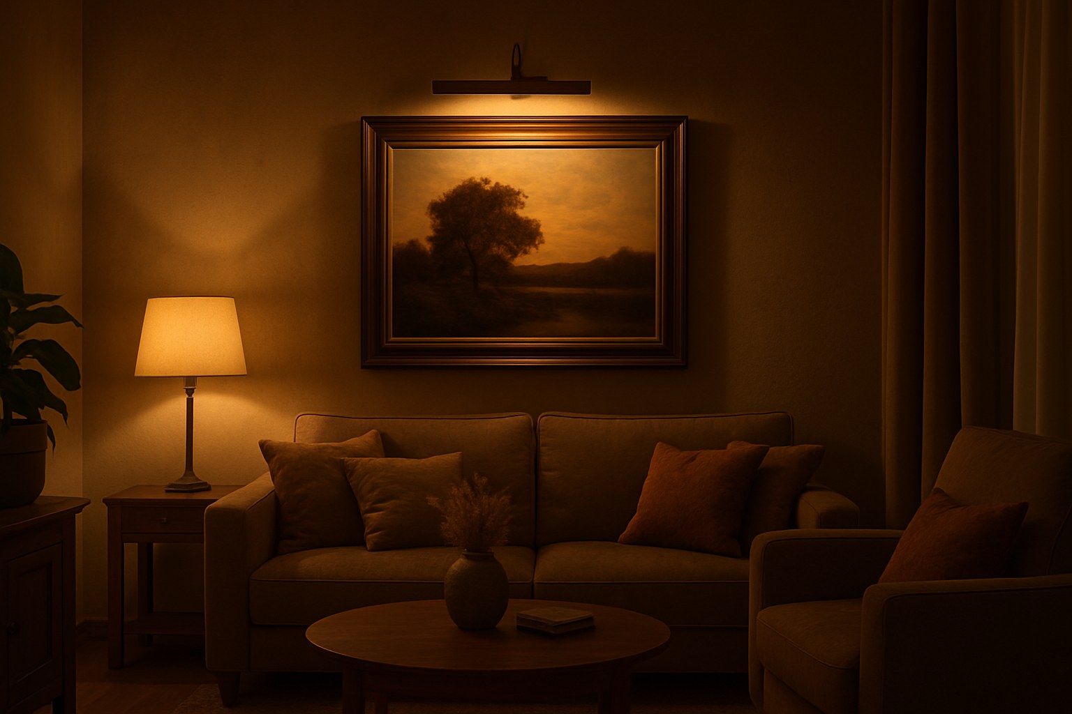 Schilderij aan de wand verlicht door warme wandspot in avondsfeer