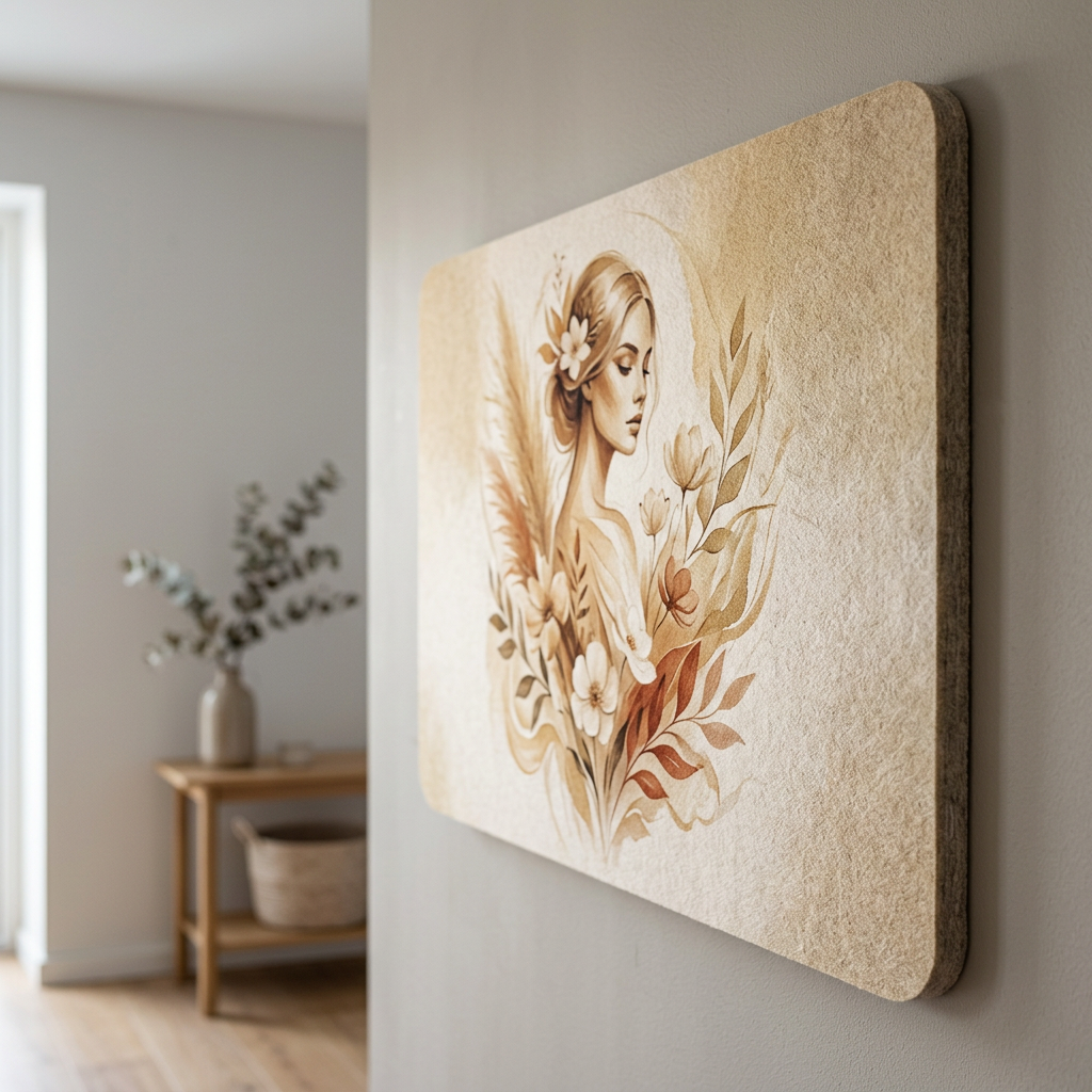 Akoestisch wandpaneel met bloem- en portretmotief in warme beige tinten