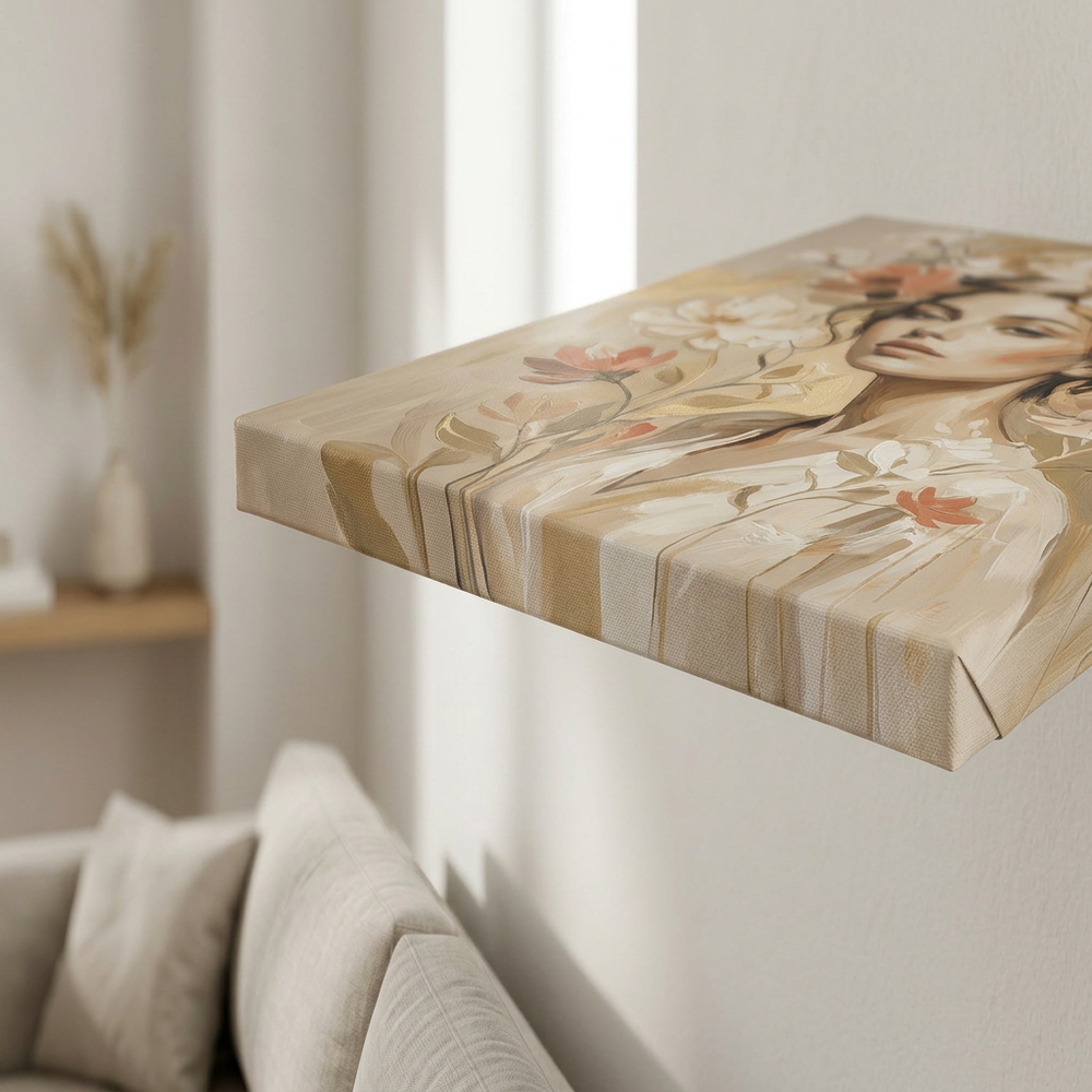 Canvas schilderij met vrouwenportret en bloemen in warme tinten boven een zithoek