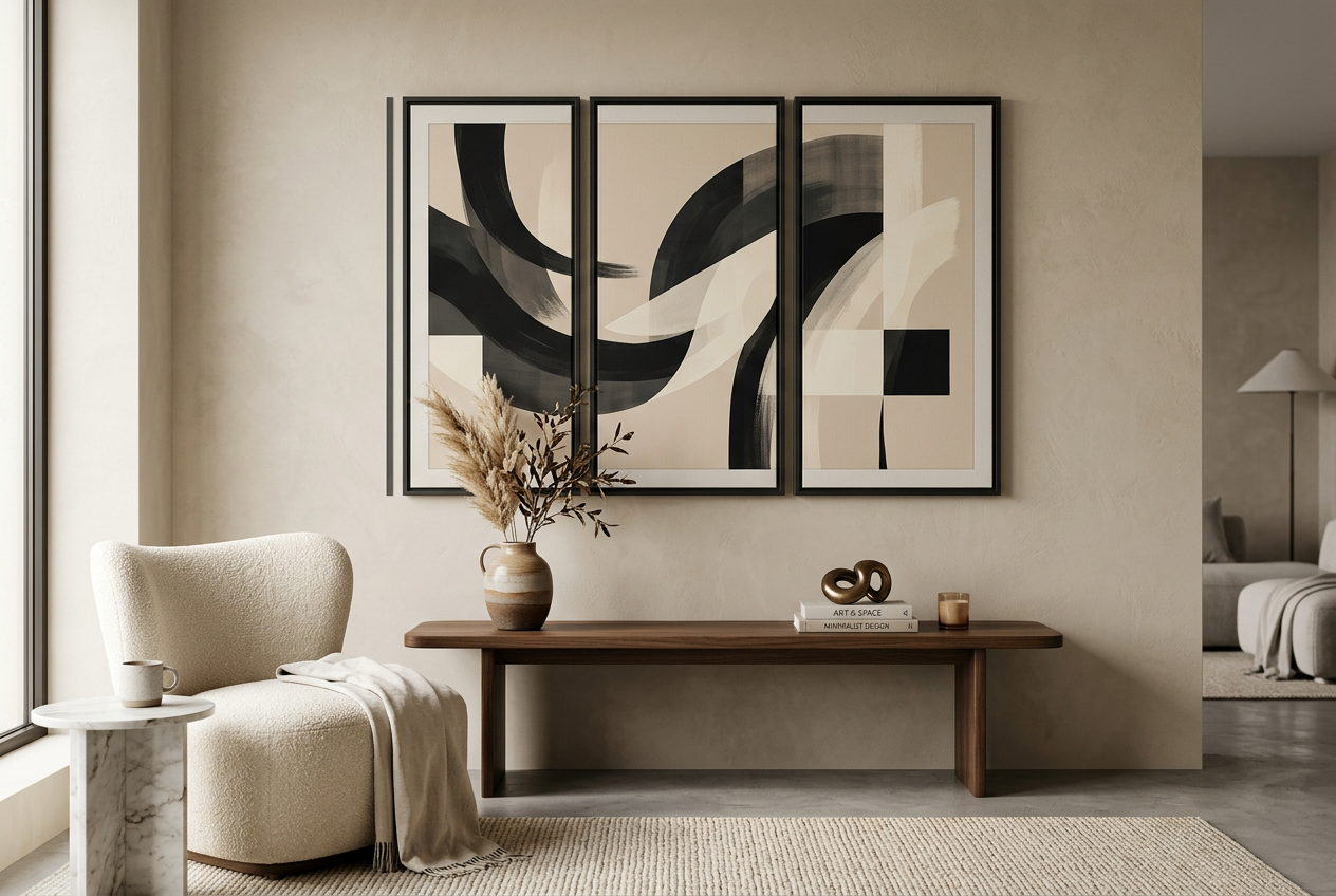 Wanddecoratie Kopen bij ArtifyCanvas: driedelige abstracte kunst aan muur boven houten console.
