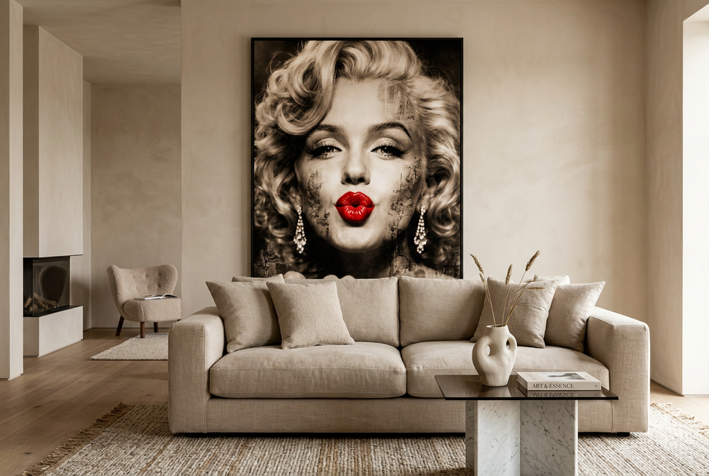 Groot zwart-wit portret met rode lippen boven een beige bank