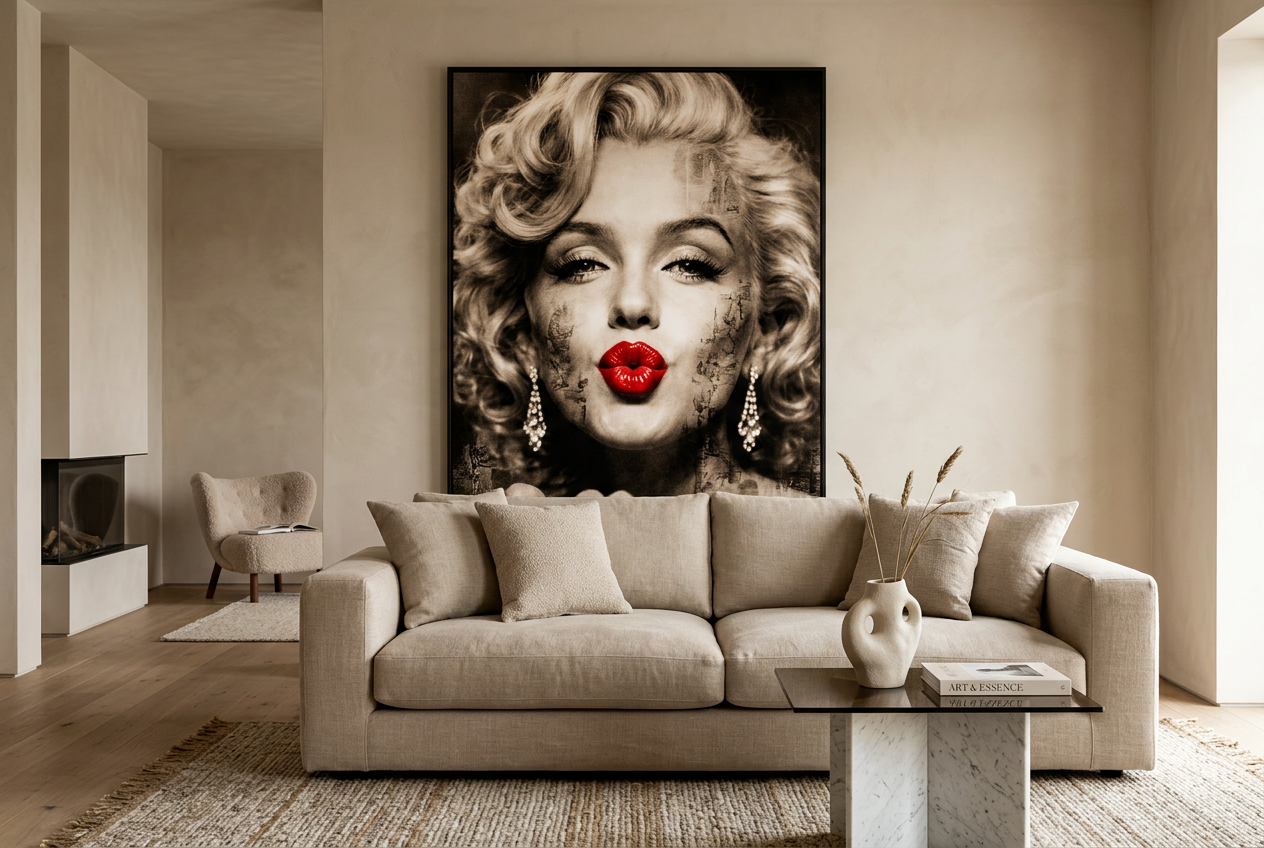 Groot zwart-wit portret met rode lippen boven een beige bank