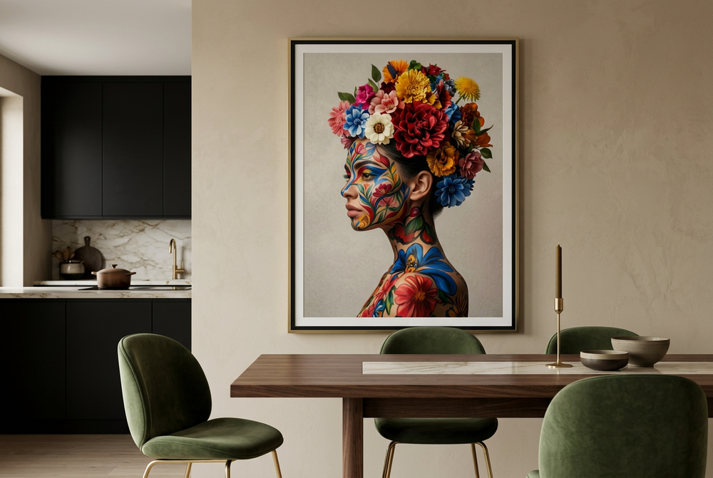Kleurrijk portret met bloemkroon als wanddecoratie in de keuken