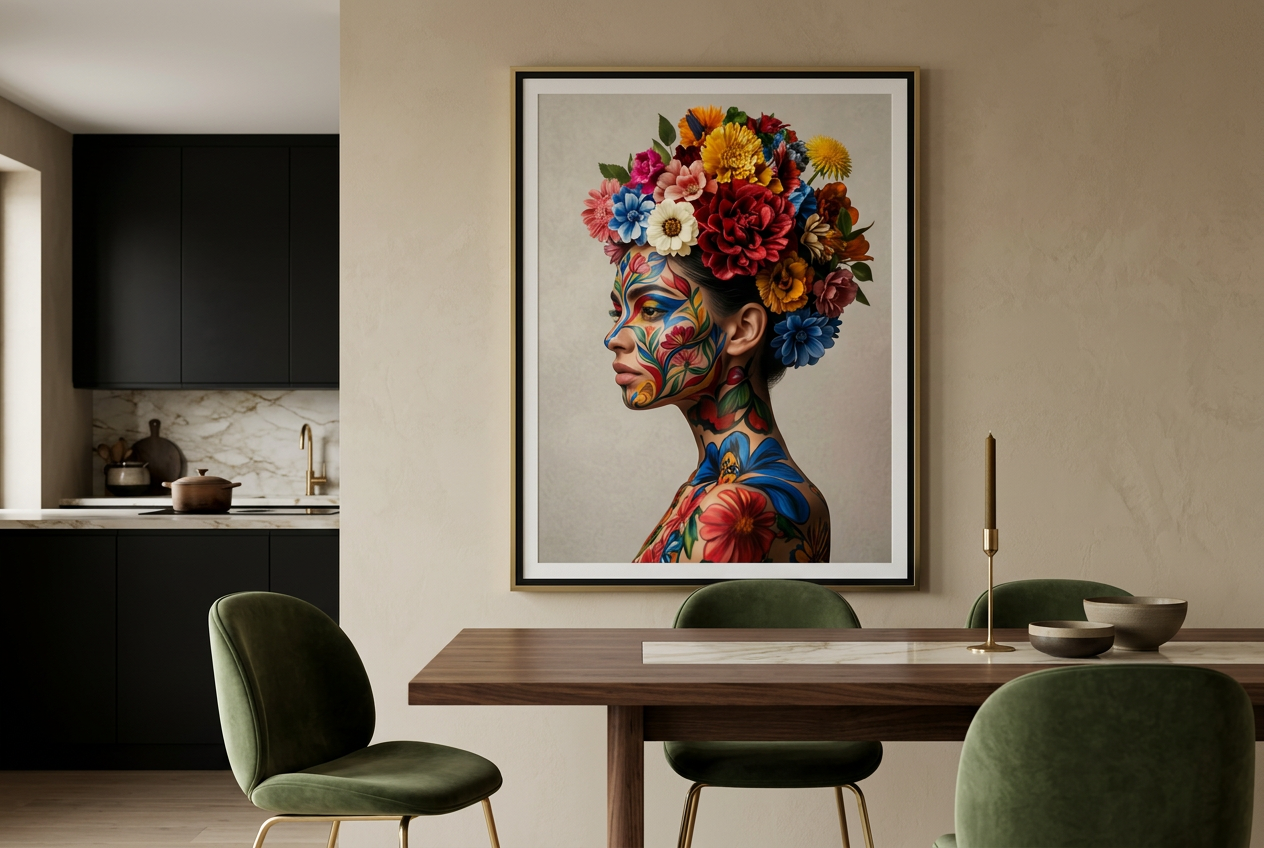 Kleurrijk portret met bloemkroon als wanddecoratie in de keuken