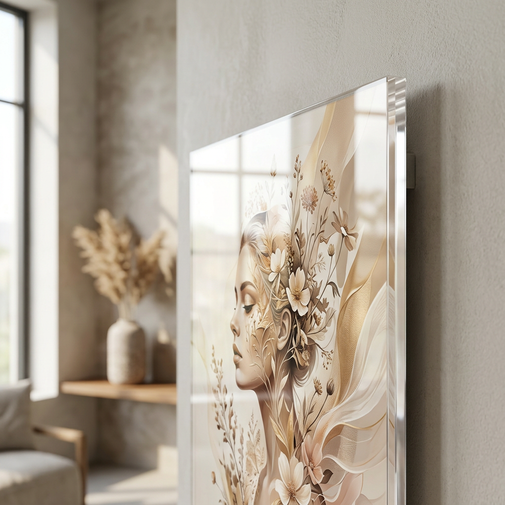 Plexiglas wanddecoratie met vrouwengezicht en bloemmotief in beige-gouden tinten