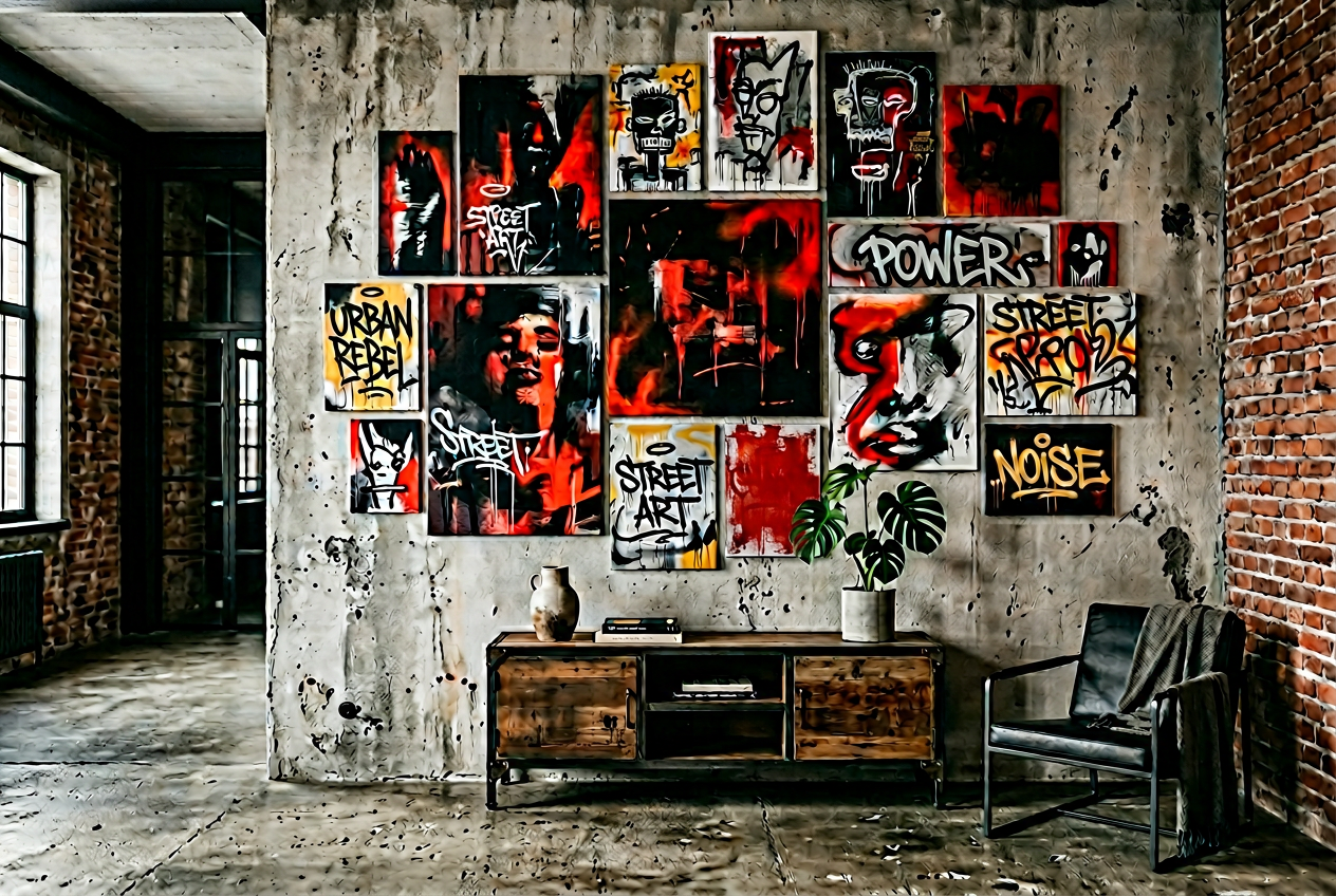 Streetart canvasprints op een ruwe betonnen muur met plant en stoel