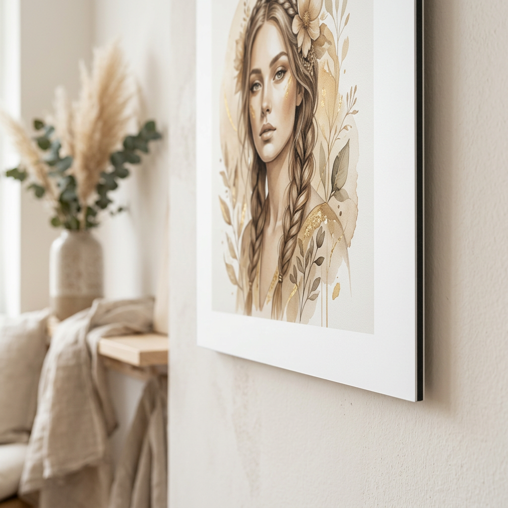 Aluminium wanddecoratie met vrouwenportret en gouden botanische motieven