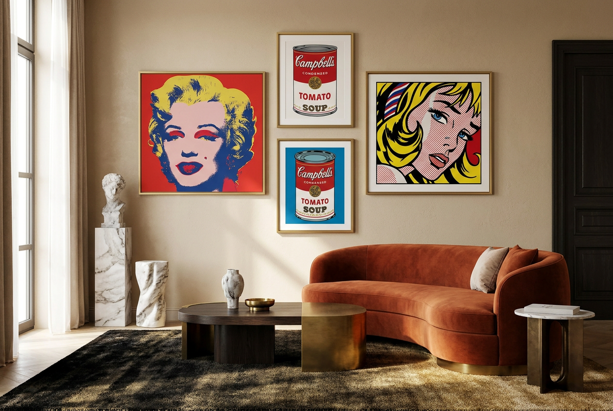 Popart wanddecoratie met portretten en soepblikken boven een oranje bank