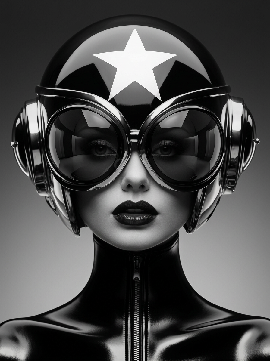 Futuristisch zwart-wit portret met ster op een helm