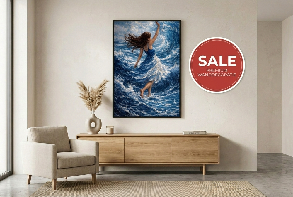 Premium wanddecoratie met vrouw in golven en sale-badge aan de muur