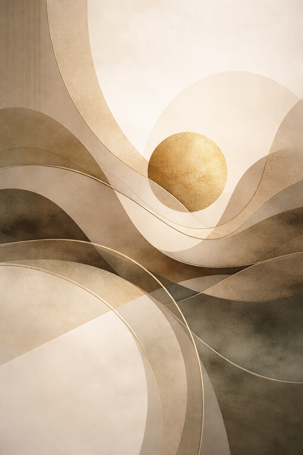 Abstracte wanddecoratie met gouden bol en golvende lagen in beige en bruintinten
