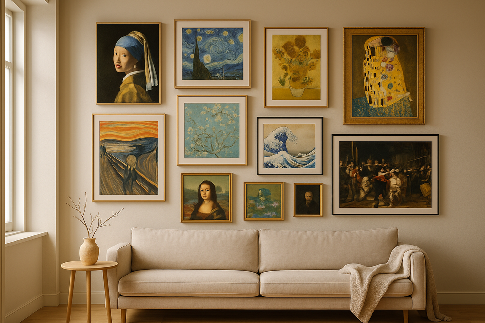 Gallery wall met wanddecoratie van bekende schilders boven een beige bank: Meisje met de Parel, De Sterrennacht, De Kus, De Schreeuw, De Grote Golf, Mona Lisa en meer meesterwerken