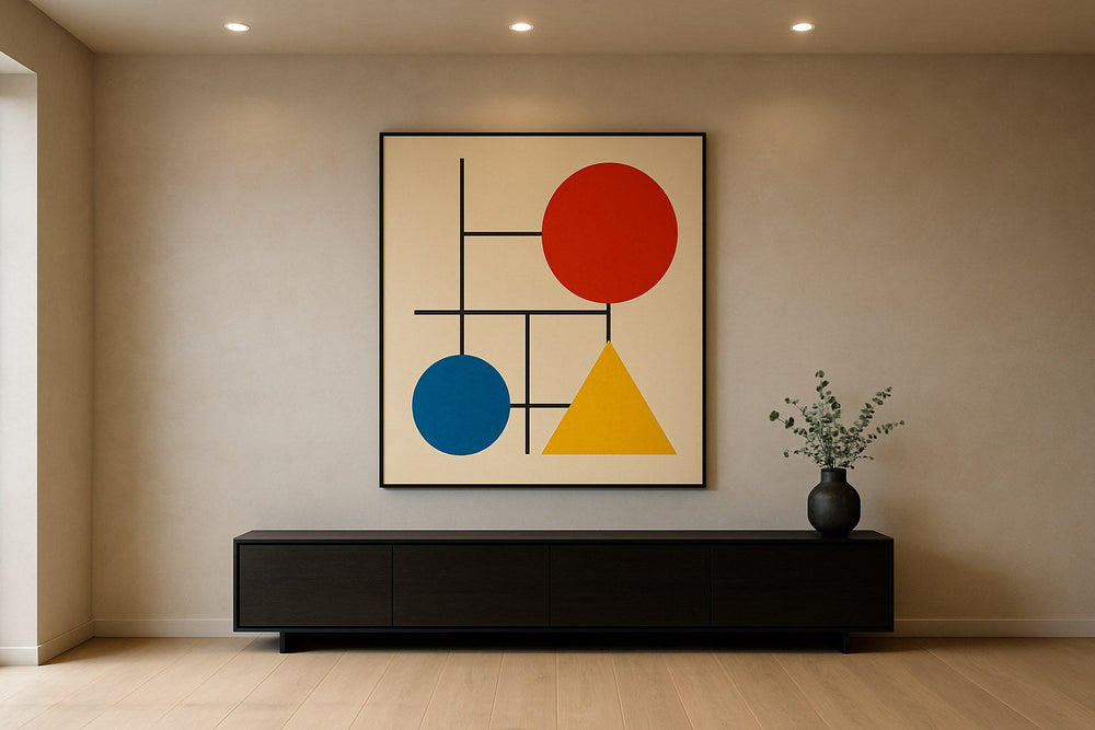 Bauhaus geïnspireerde geometrische wanddecoratie in ruim modern interieur