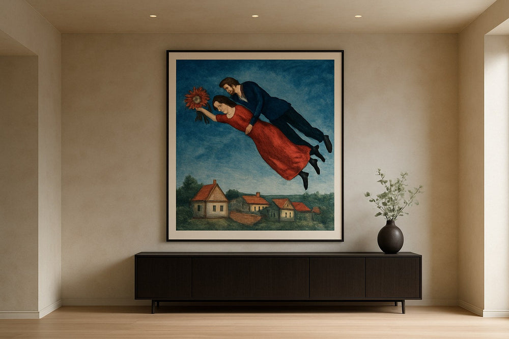 Chagall geïnspireerde dromerige wanddecoratie in ruim modern interieur