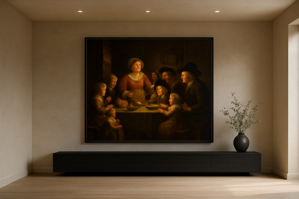 Jan Steen geïnspireerd Gouden Eeuw tafereel als wanddecoratie in modern interieur