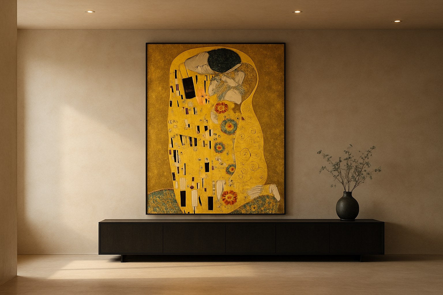 Gustav Klimt geïnspireerde gouden wanddecoratie in ruim modern interieur