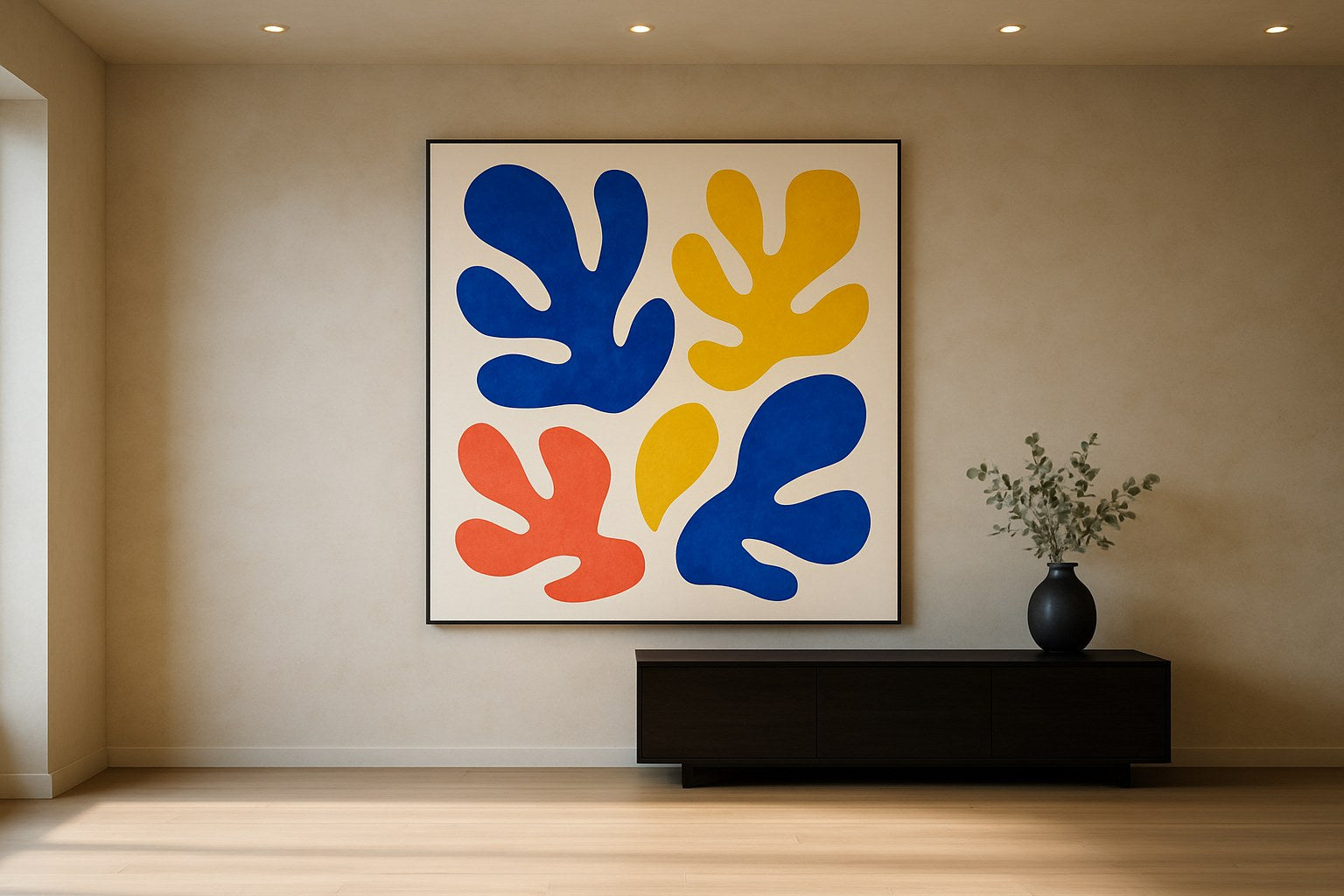 Matisse geïnspireerde kleurrijke cut-out wanddecoratie in modern interieur
