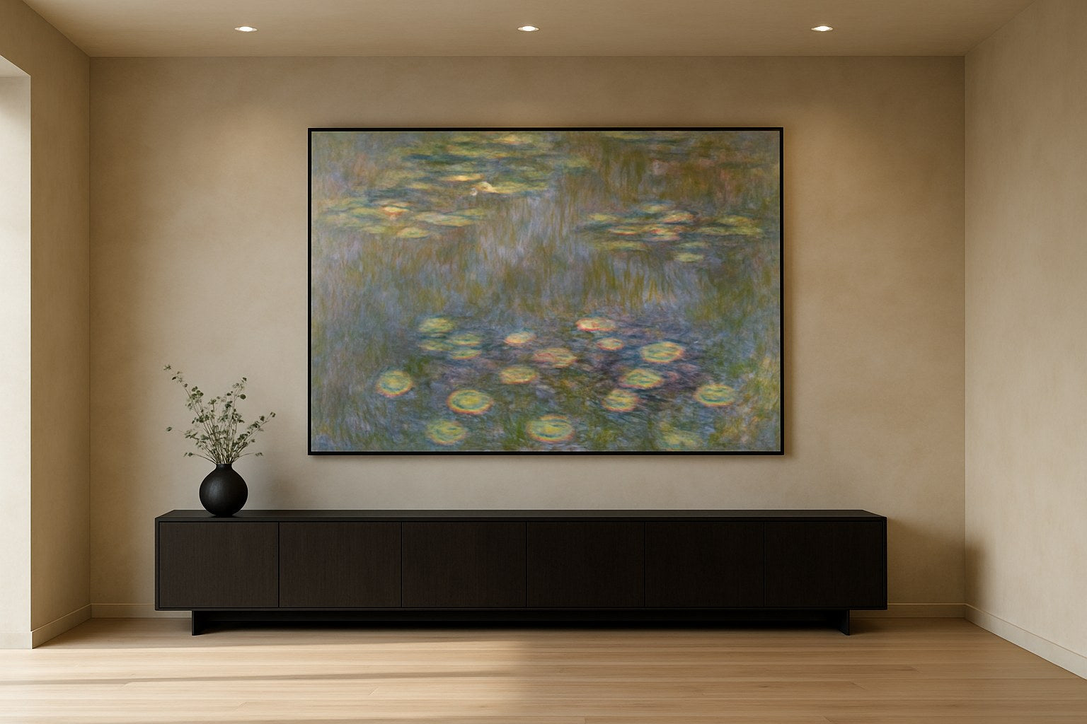 Monet geïnspireerde waterlelies wanddecoratie in ruim modern interieur