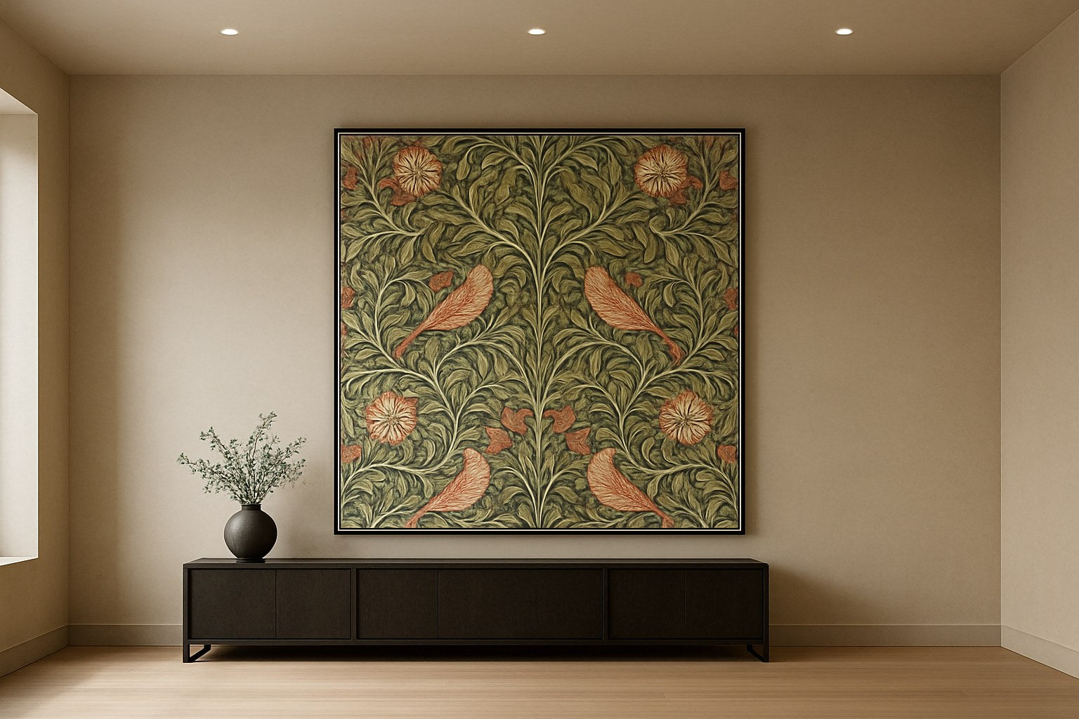 William Morris geïnspireerd botanisch patroon als wanddecoratie in modern interieur