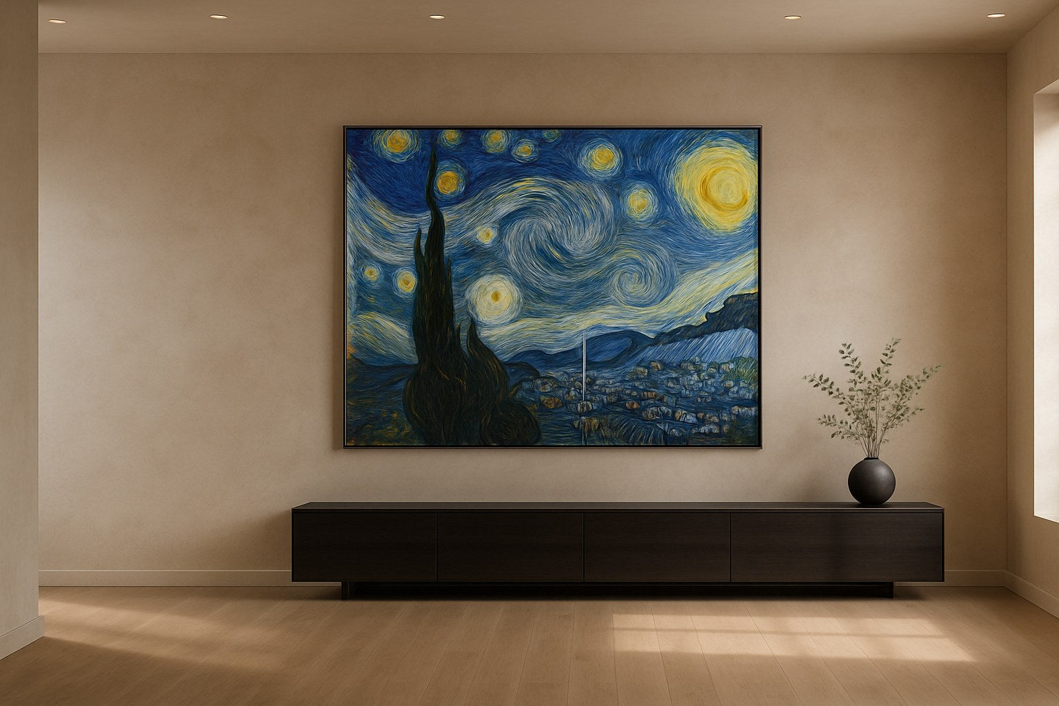 Van Gogh geïnspireerde sterrennacht wanddecoratie in ruim modern interieur