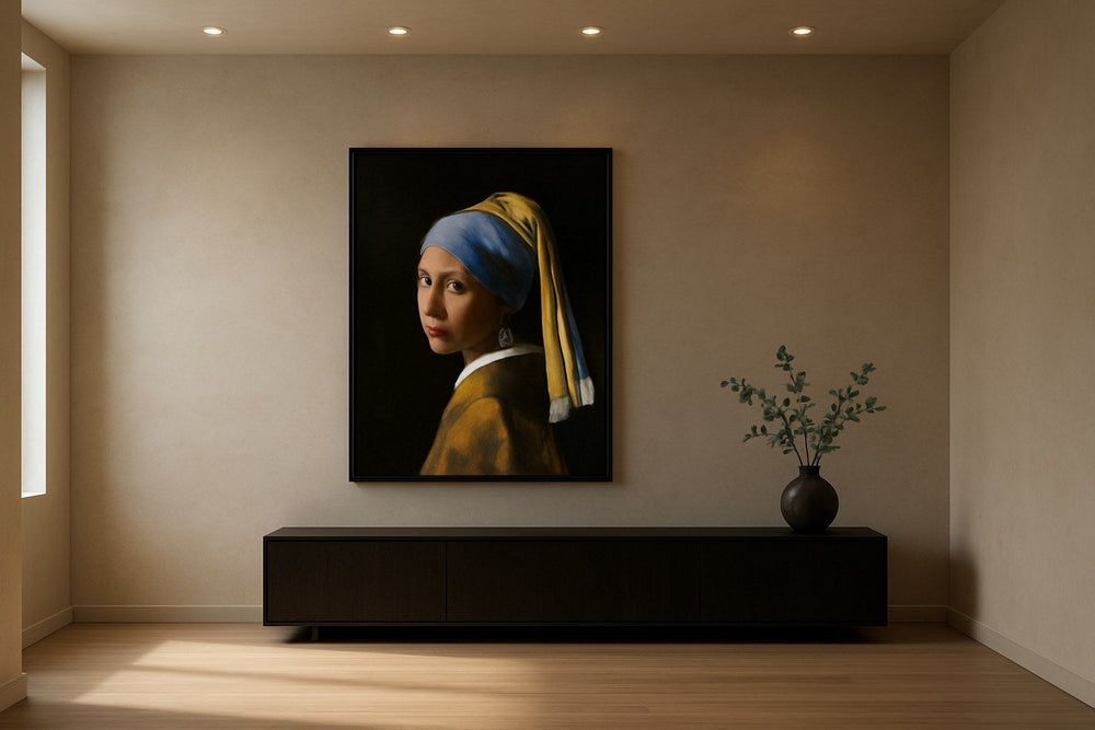 Vermeer geïnspireerd Gouden Eeuw portret als wanddecoratie in modern interieur