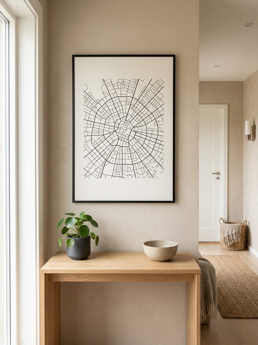 Minimalistische zwart-witte stadsplattegrond in een dunne lijst boven een houten hal-tafel