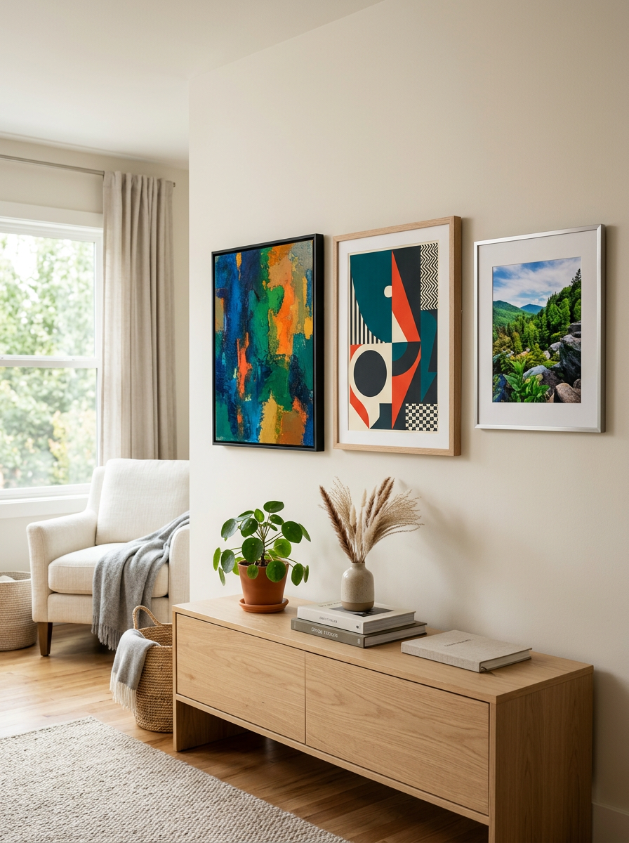Warmes Wohnzimmer mit einer Gallery Wall aus drei gerahmten Kunstwerken in Leinwand, Poster und Aluminium über einer Holzkommode