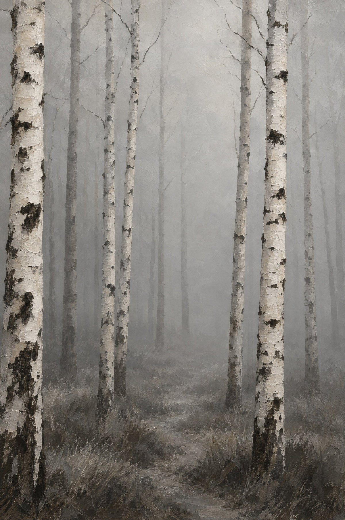 Nebliger Birkenwald mit weißen Stämmen in sanftem graugrünem Morgenlicht