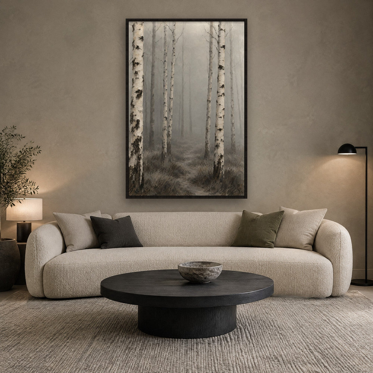 Birkenwald im Morgennebel Wandbild mit schwarzem Rahmen an der Wand im Wohnzimmer