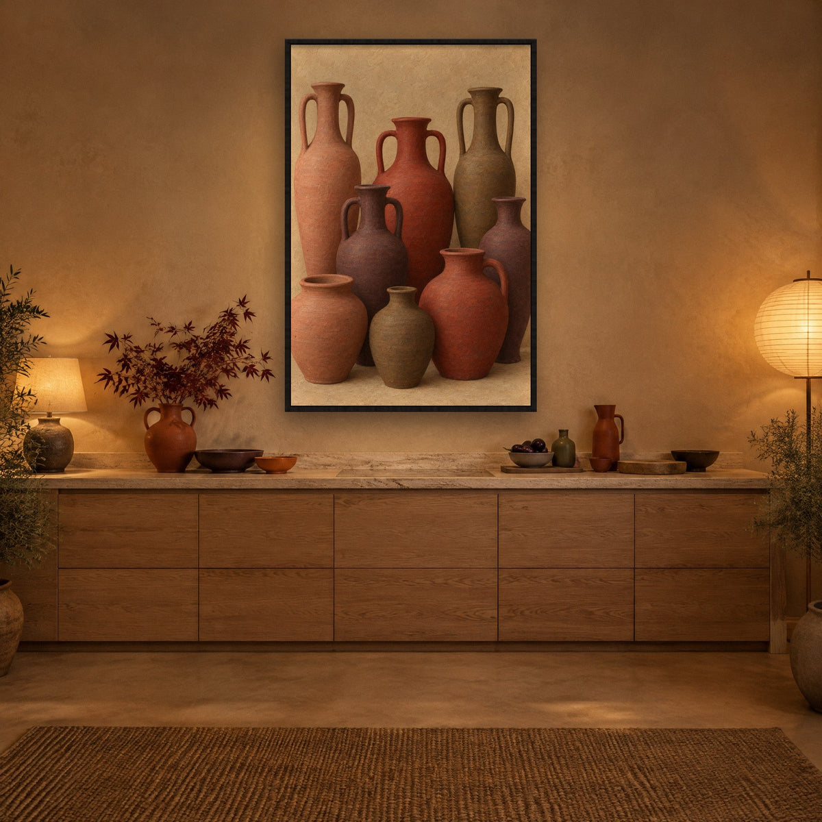 Terrakotta-Krüge in stillem Licht Wandbild mit schwarzem Rahmen an der Wand in der Küche