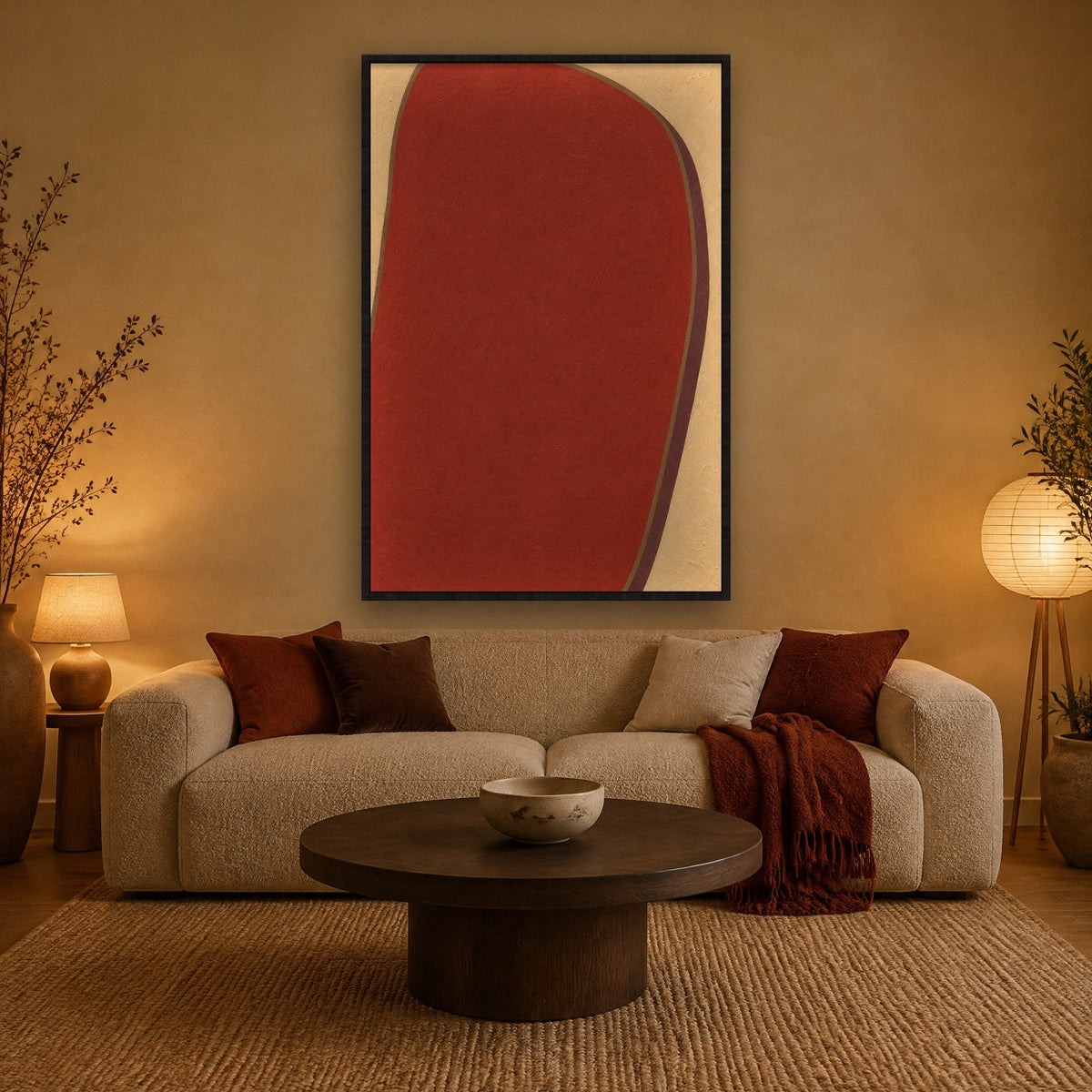 Roter Monolith auf Sand Wandbild mit schwarzem Rahmen an der Wand im Wohnzimmer