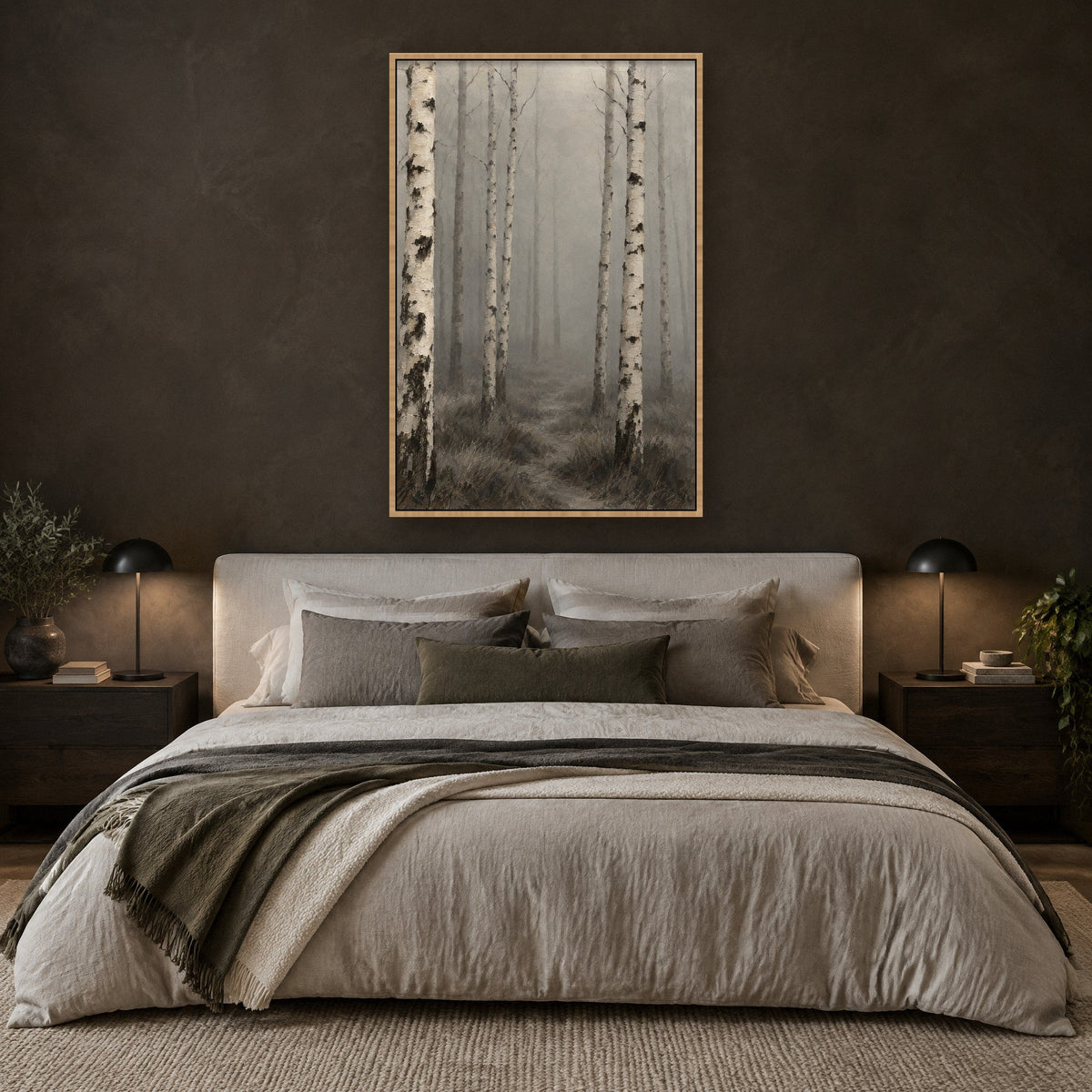 Birkenwald im Morgennebel Wandbild mit Naturholzrahmen an der Wand im Schlafzimmer